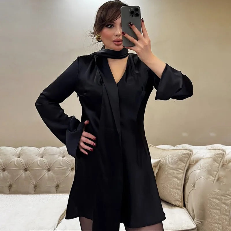 Glorol - Scarf V Neck Patchwork Lace Up Mini Dress