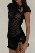 Glorol - Lace Hollow Out Printed Patchwork Bodycon Mini Dress