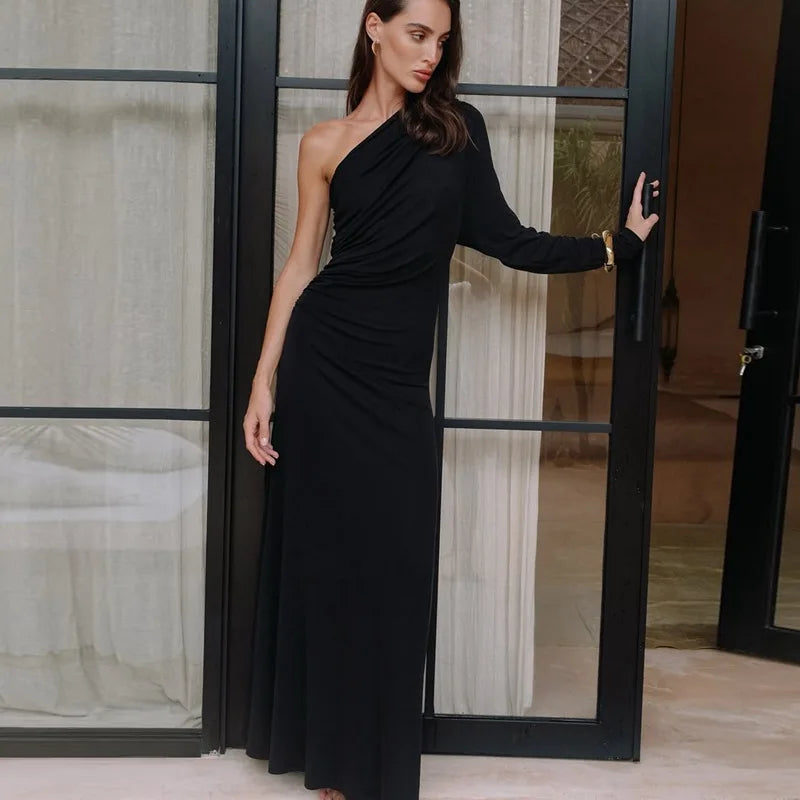 Glorol - Diagonal Collar One-Shoulder Long Sleeve Maxi Dress