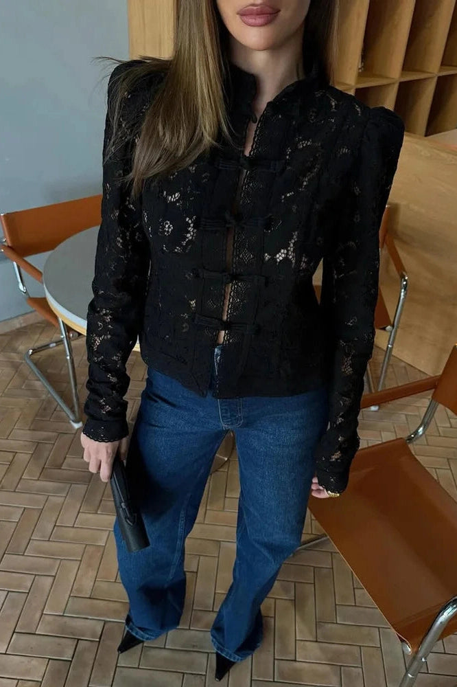 Glorol - Hollow Out Lace Printed Top