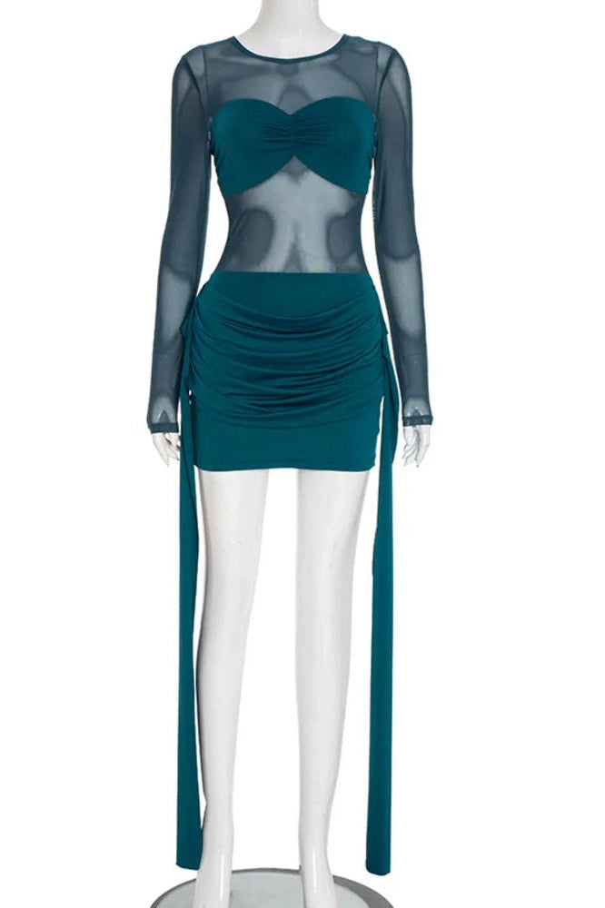 Glorol - Patchwork See Through Long Sleeve Mini Dress