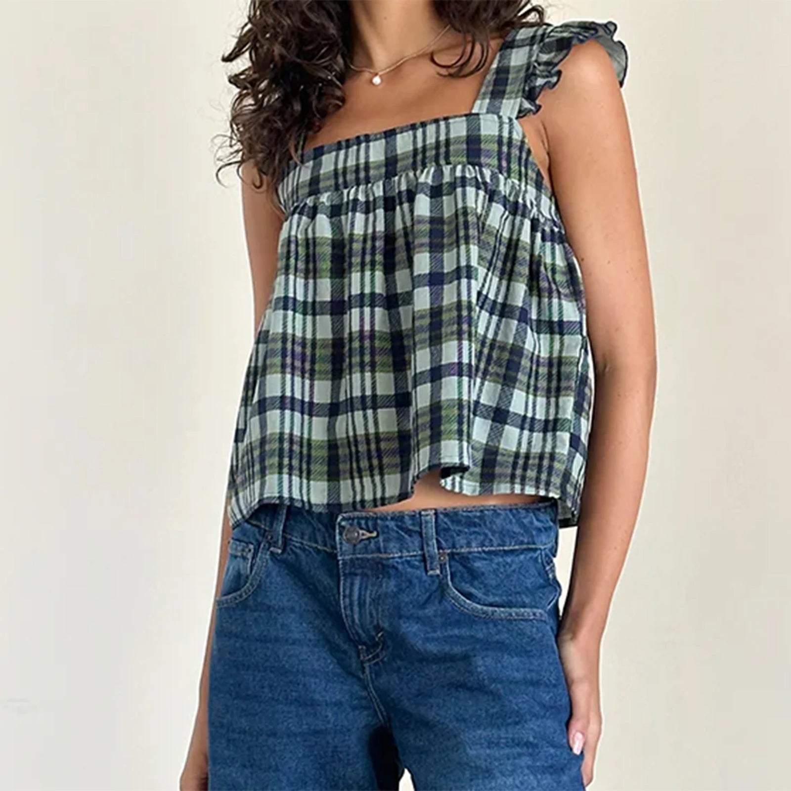 Glorol - Plaid Square Neck Sleeve Backless Top