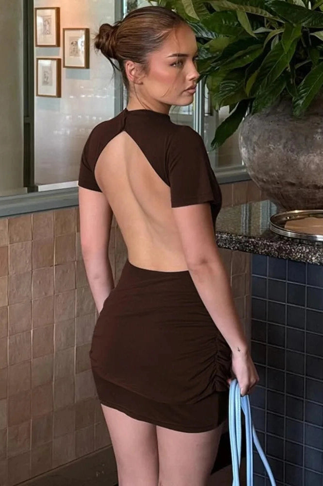Glorol - Elegant Backless Short Sleeve Mini Dress