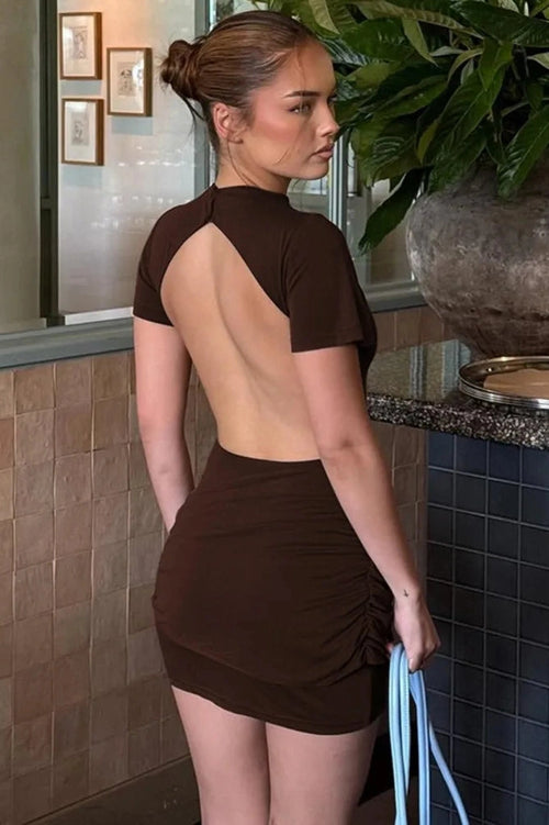 Glorol - Elegant Backless Short Sleeve Mini Dress