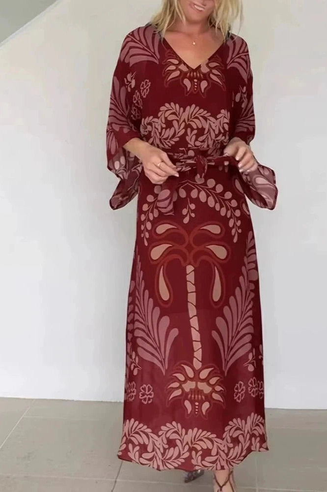 Glorol - Long Sleeve Loose Pleated Lace Up Printed V-Neck Maxi Dress