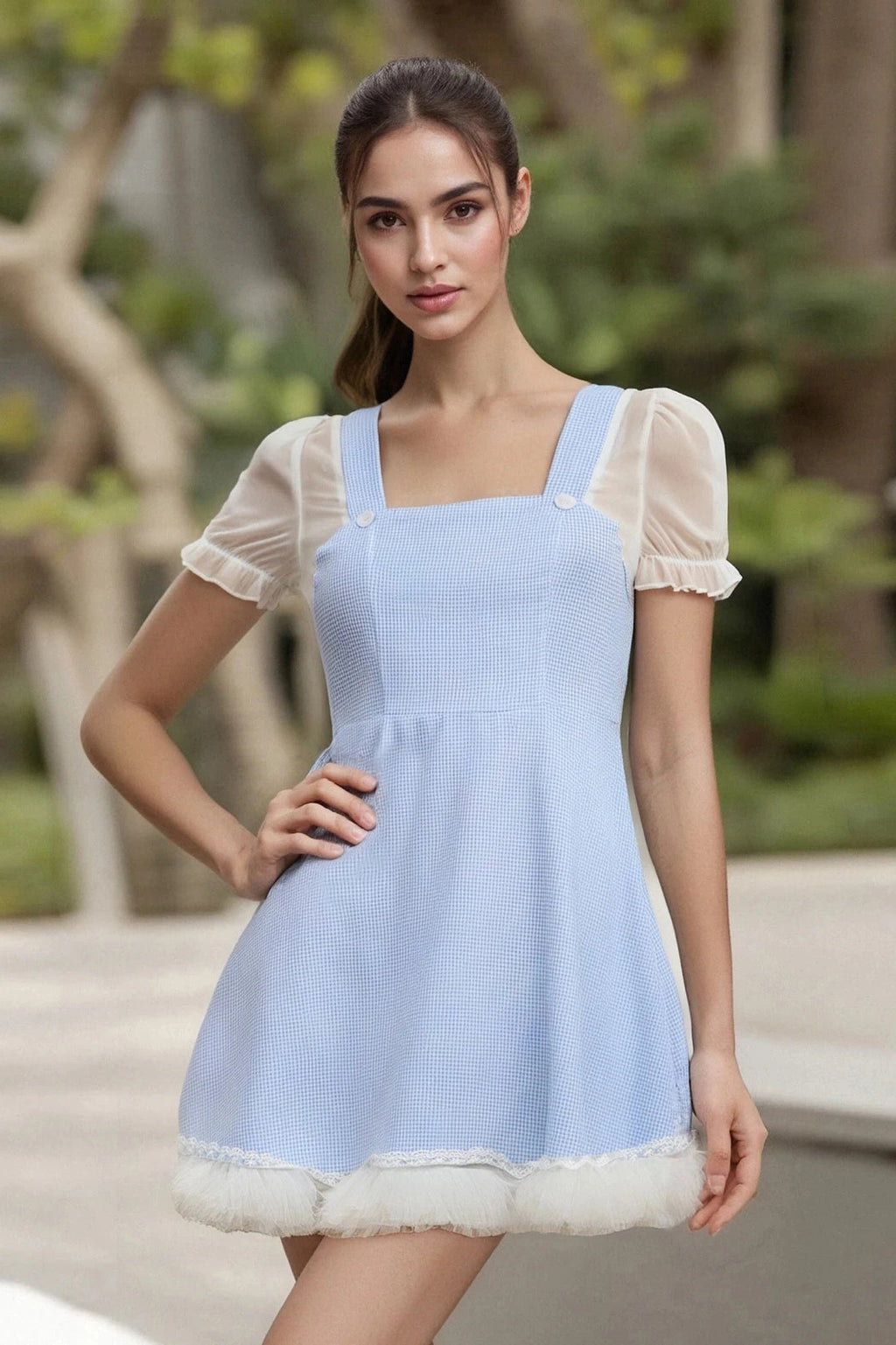 Glorol - Plaid Square Neck Short Sleeve A-Line Mini Dress