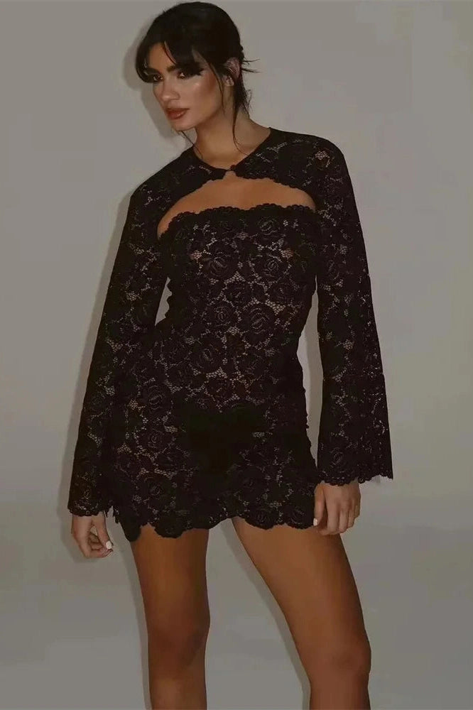 Glorol - Hollow Out Lace 2 Piece Printed Mini Dress