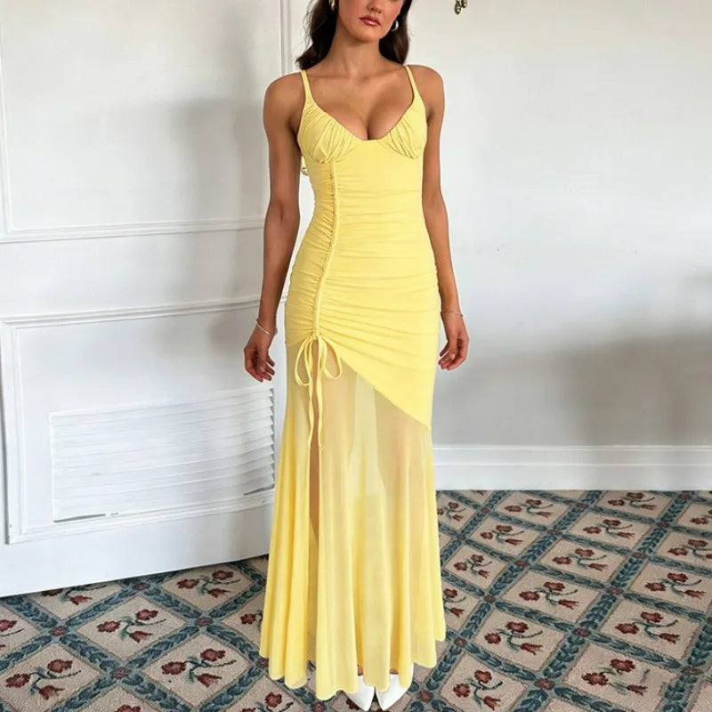 Glorol - Lace-Up See Through Backless Maxi Dress
