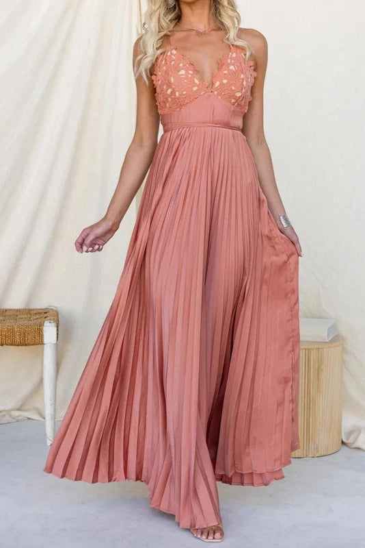 Glorol - Backless Pleated Lace Sleeveless High Waist Maxi Dress
