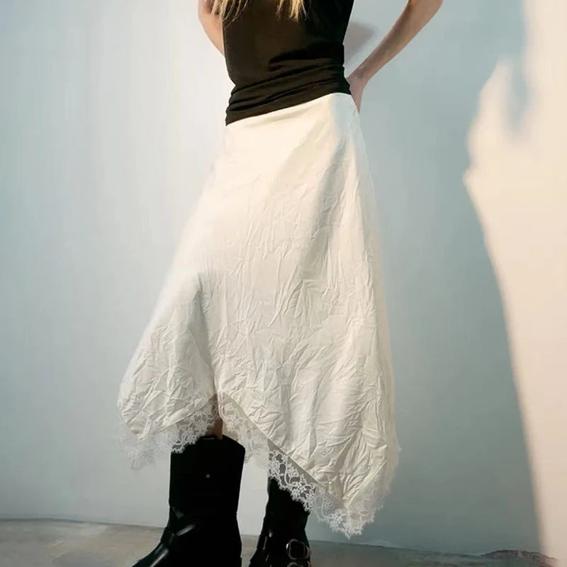 Glorol - High Waist Loose Pleated A-Line Lace Skirt