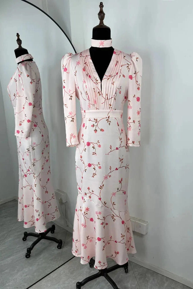 Glorol - Printed V-Neck High Waist Slim Lace-Up Maxi Dress