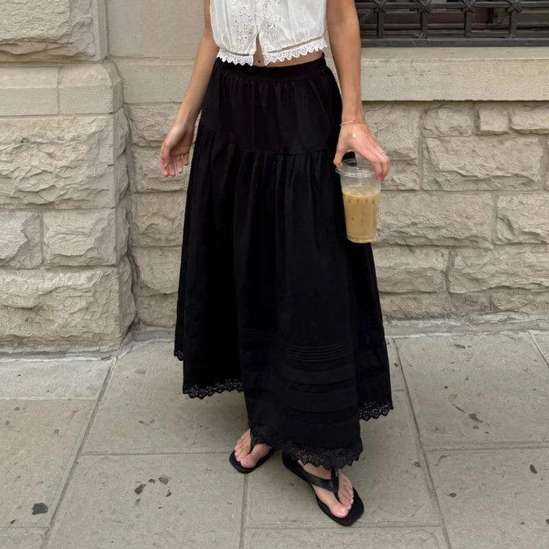 Glorol - High Waist Pleated Loose Lace Skirt