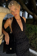 Glorol - Polka Dot Deep V Neck Sleeveless Backless Bodycon Maxi Dress