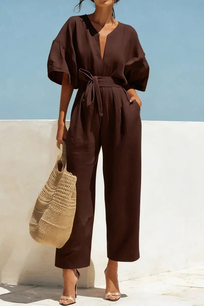 Glorol - Lace-Up Waist Cotton V-Neck Half Sleeve Jumpsuit