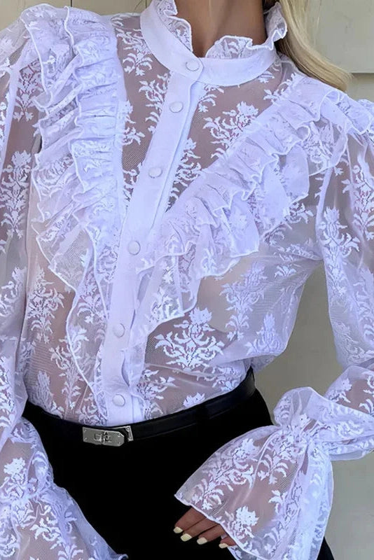 Glorol - Lace Printed See-Through Long Sleeve Top