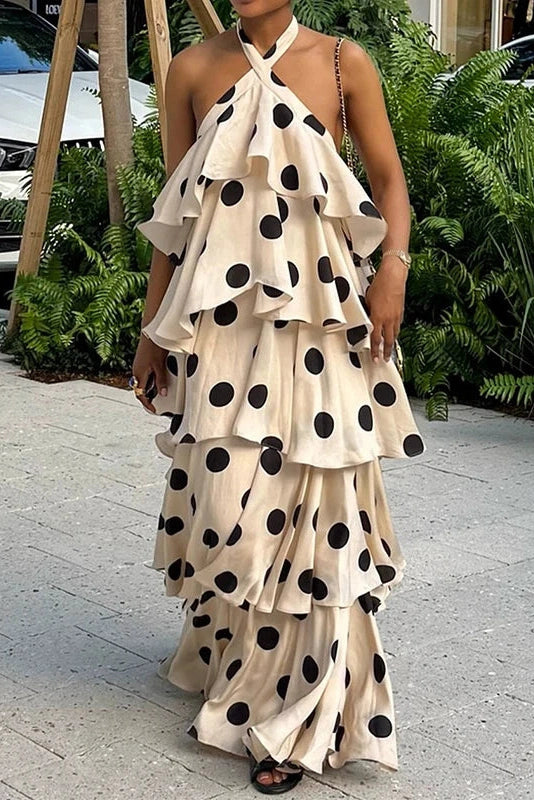 Glorol - Elegant Backless Polka Dot Sleeveless Maxi Dress