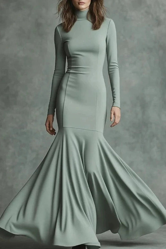 Glorol - Elegant Slim High Waist Turtleneck Long Sleeve Maxi Dress