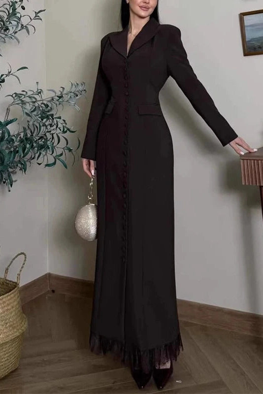 Glorol - Long Sleeve Single Breasted V-Neck Lace Maxi Dress