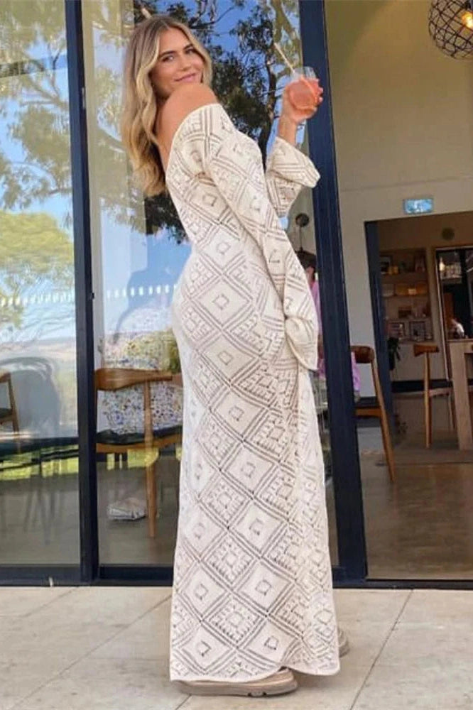 Glorol - See-Through Loose Flared Sleeve Backless V-Neck Maxi Dress