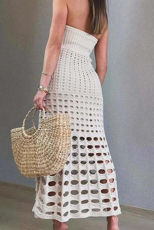 Glorol - Hollow Out Strapless Knitted Slim Sleeveless Maxi Dress