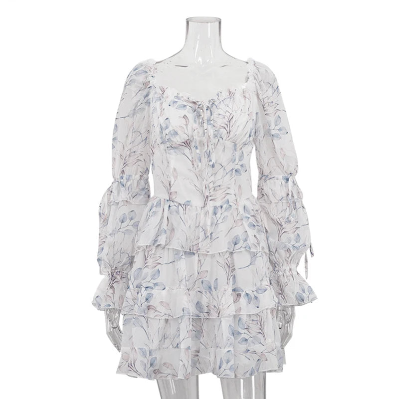 Glorol - Printed Square Collar Long Sleeve Lace-Up Mini Dress