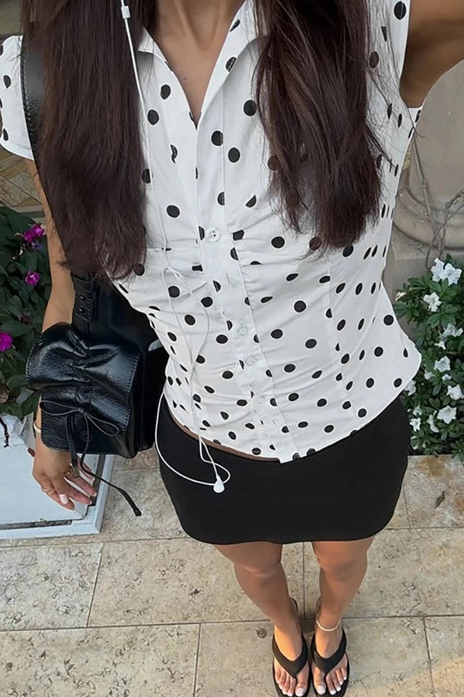 Glorol - Polka Dot Short Sleeve Single-Breasted Lace-Up Top