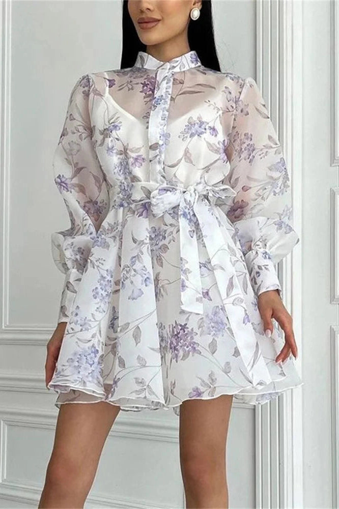 Glorol - Printed Lace-Up Long Sleeve Bodycon Mini Dress