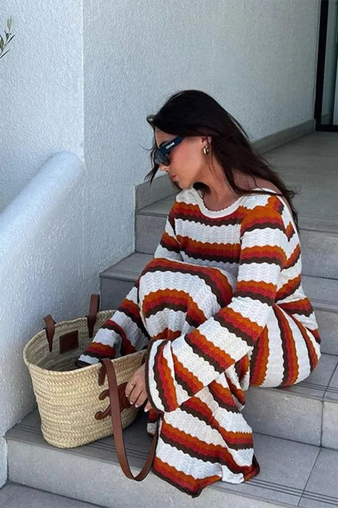 Glorol - Hollow Out Striped Long Sleeve Loose Maxi Dress