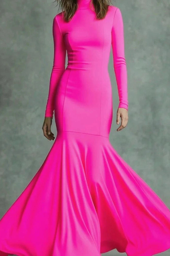 Glorol - Elegant Slim High Waist Turtleneck Long Sleeve Maxi Dress