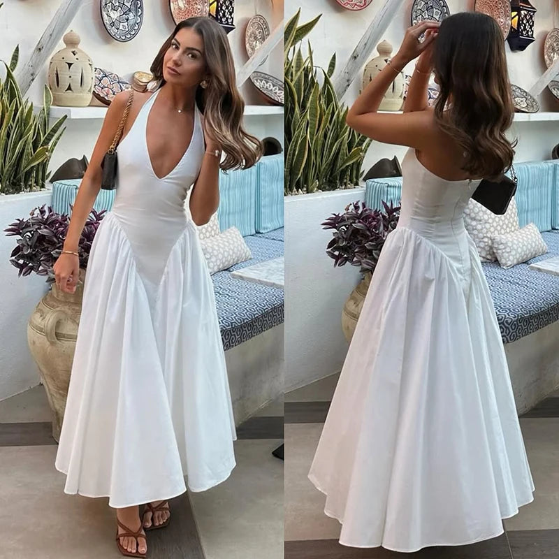 Glorol - Deep V Neck A-Line Pleated Midi Dress