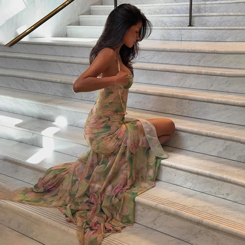 Glorol - Spaghetti Strap High Waist Slim Maxi Dress