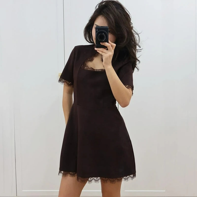 Glorol - Elegant Hollow Out Patchwork High Waist Mini Dress