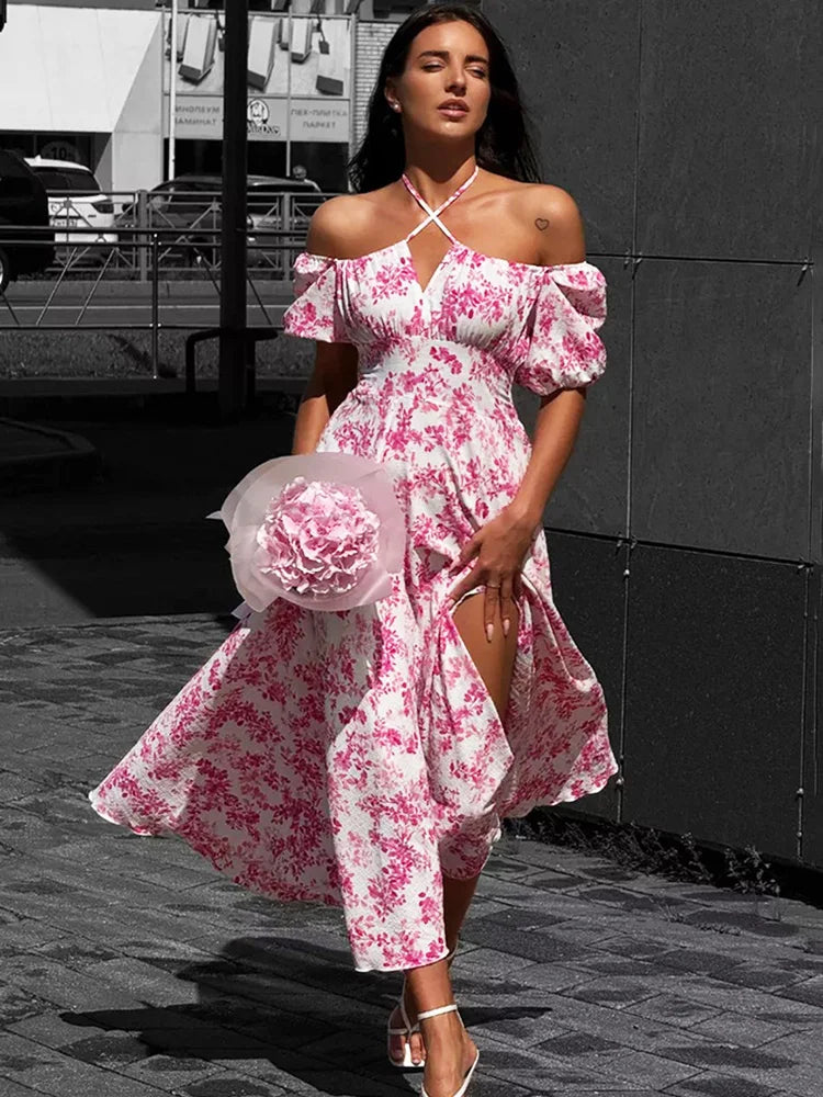 Glorol - Off Shoulder Lace Up Patchwork Print Maxi Dress