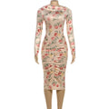 Glorol - Printed Pleated Long Sleeve Bodycon Midi Dress