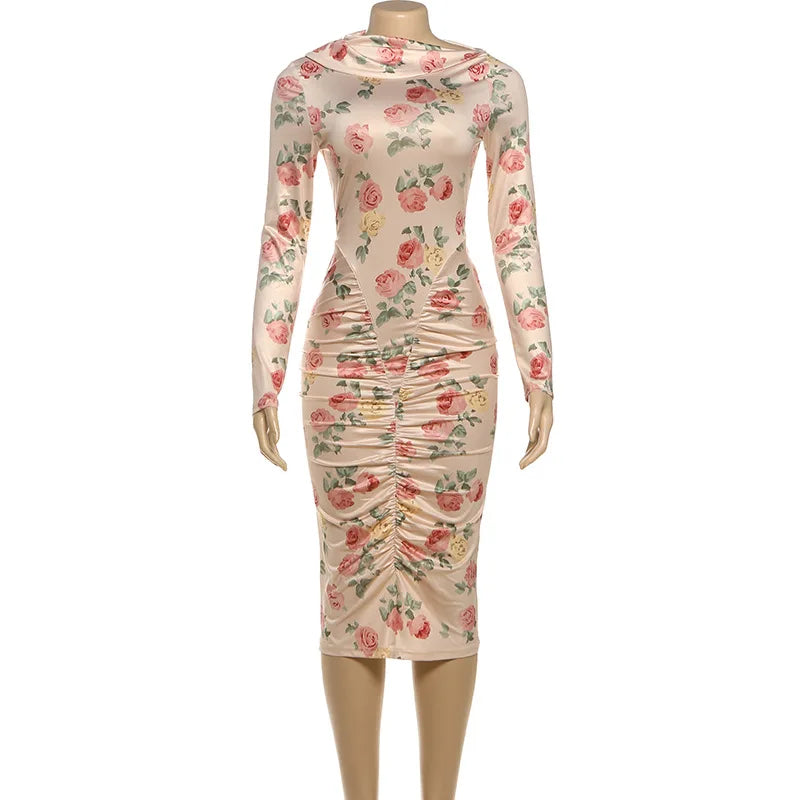 Glorol - Printed Pleated Long Sleeve Bodycon Midi Dress