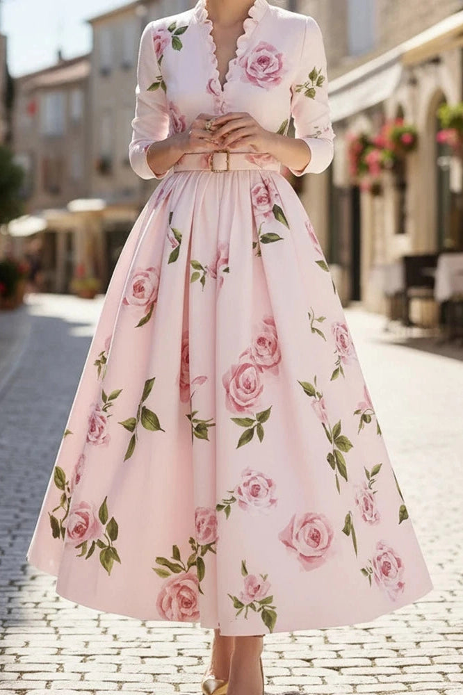 Glorol - Elegant High Waist A-Line V-Neck Printed Long Sleeve Pleated Midi Dress