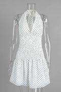 Glorol - Polka Dot Lace-Up Pleated Waist Backless Mini Dress