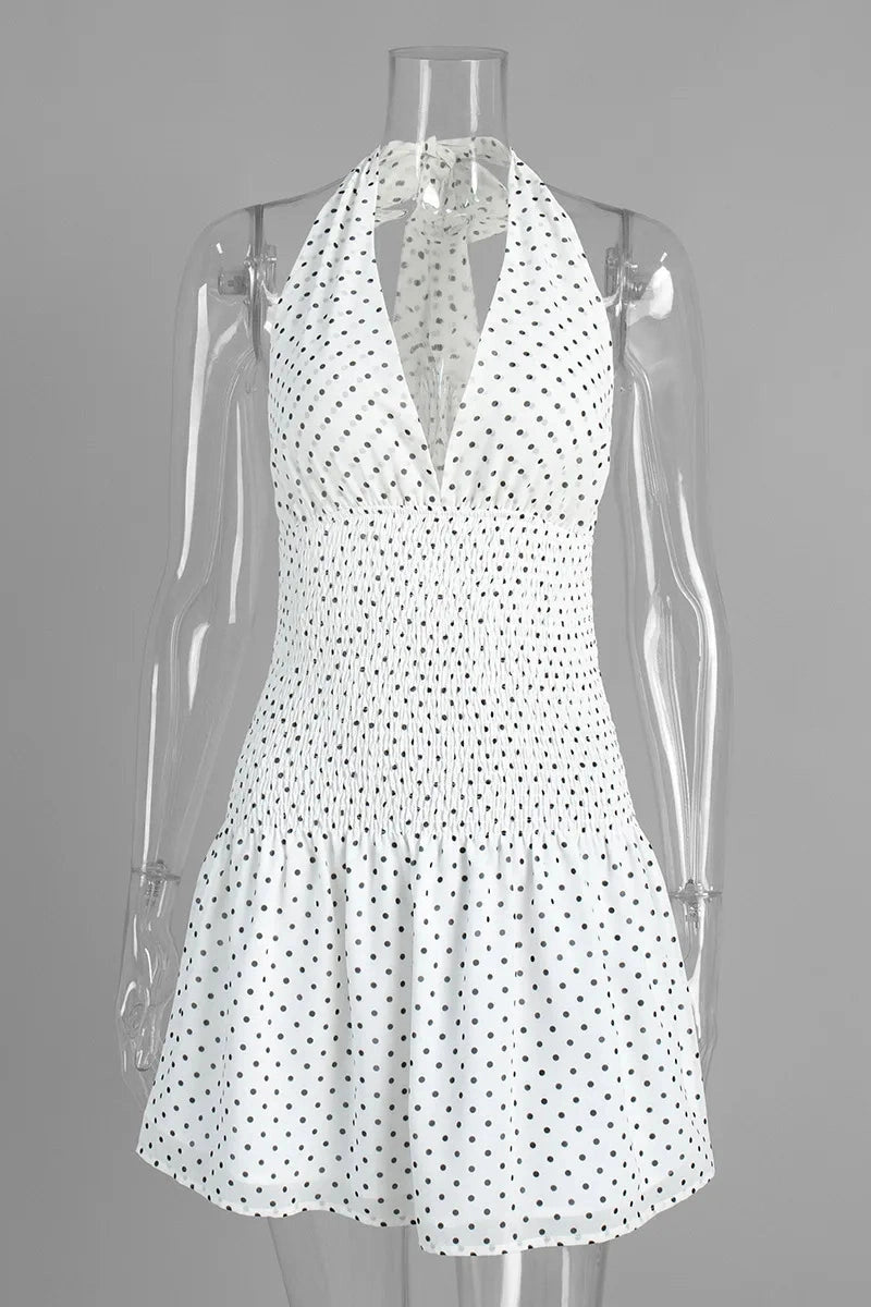 Glorol - Polka Dot Lace-Up Pleated Waist Backless Mini Dress