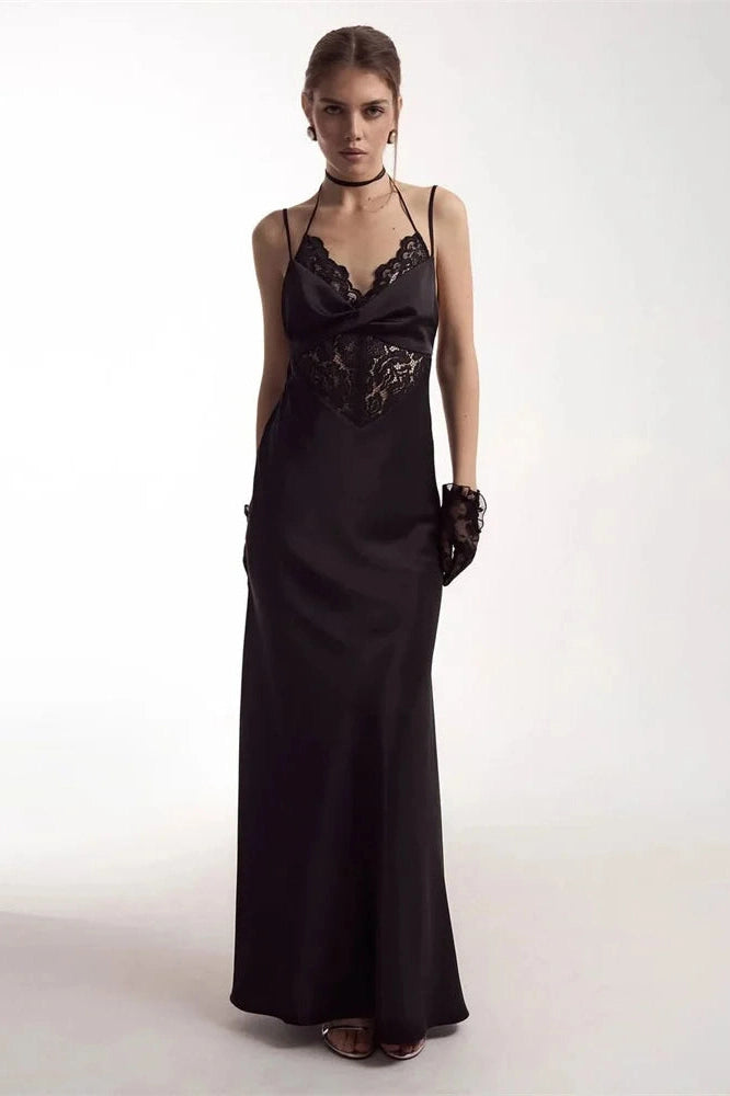 Glorol - Hollow Out Lace Backless Slim V-Neck Maxi Dress