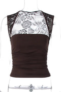Glorol - Lace See-Through Patchwork Square Collar Top