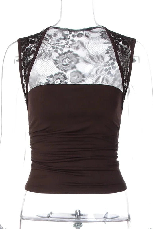 Glorol - Lace See-Through Patchwork Square Collar Top