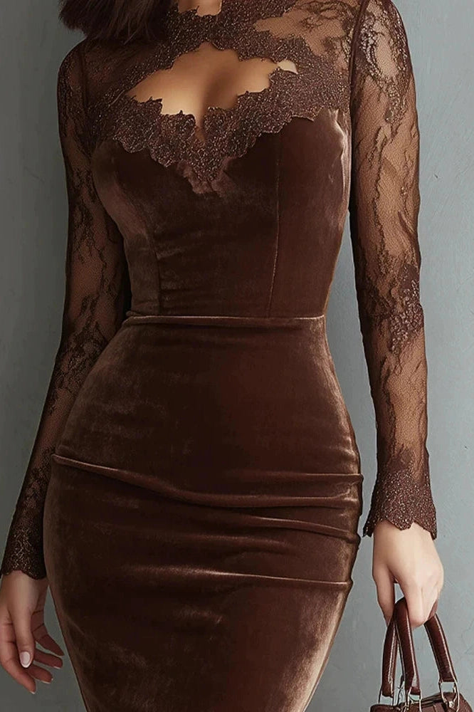 Glorol - Lace Hollow Out See-Through Sleeve Slim High Waist Midi Dress