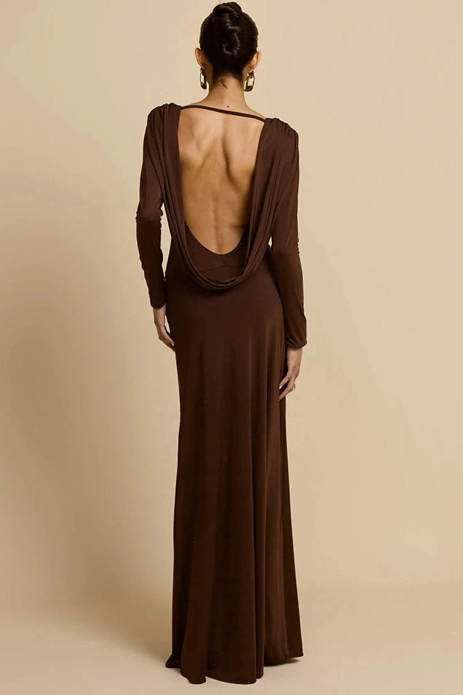 Glorol - Deep V Neck Backless Long Sleeve High Waist Maxi Dress