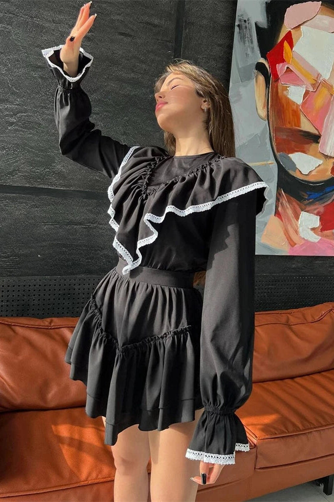 Glorol - Elegant Lace Slim Long Sleeve Mini Dress