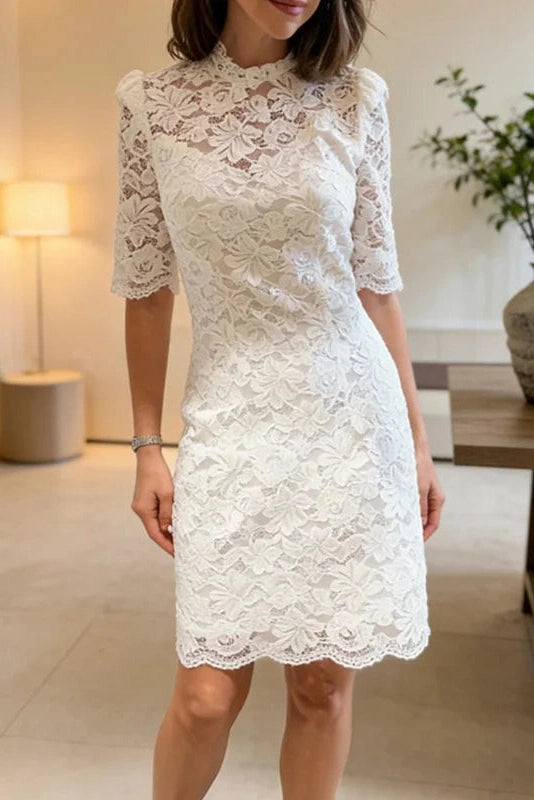 Glorol - See-Through Lace Patchwork Short Sleeve Mini Dress