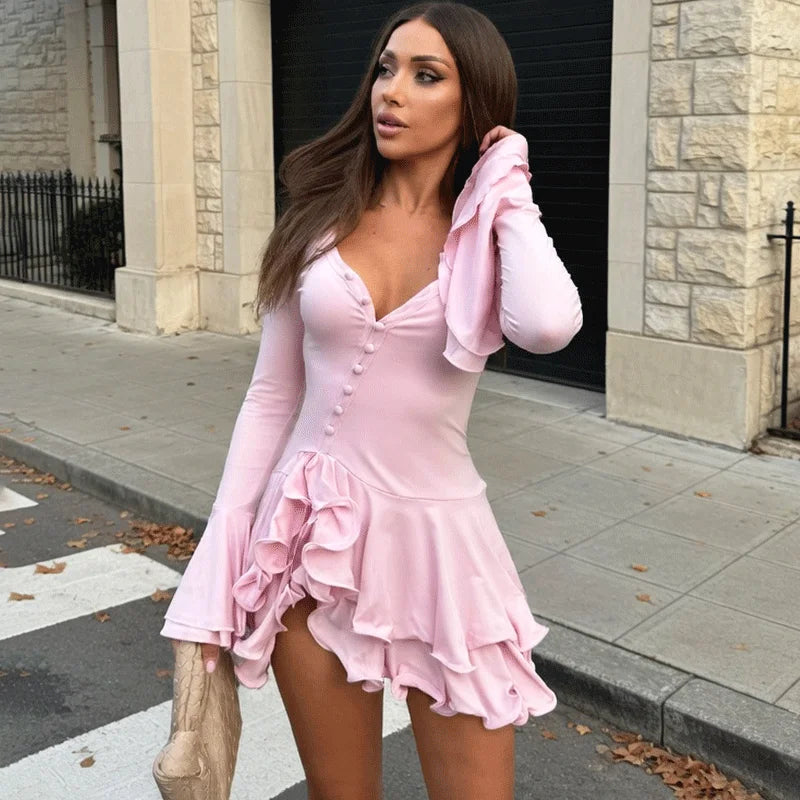 Glorol - Elegant V-Neck Button Patchwork Mini Dress
