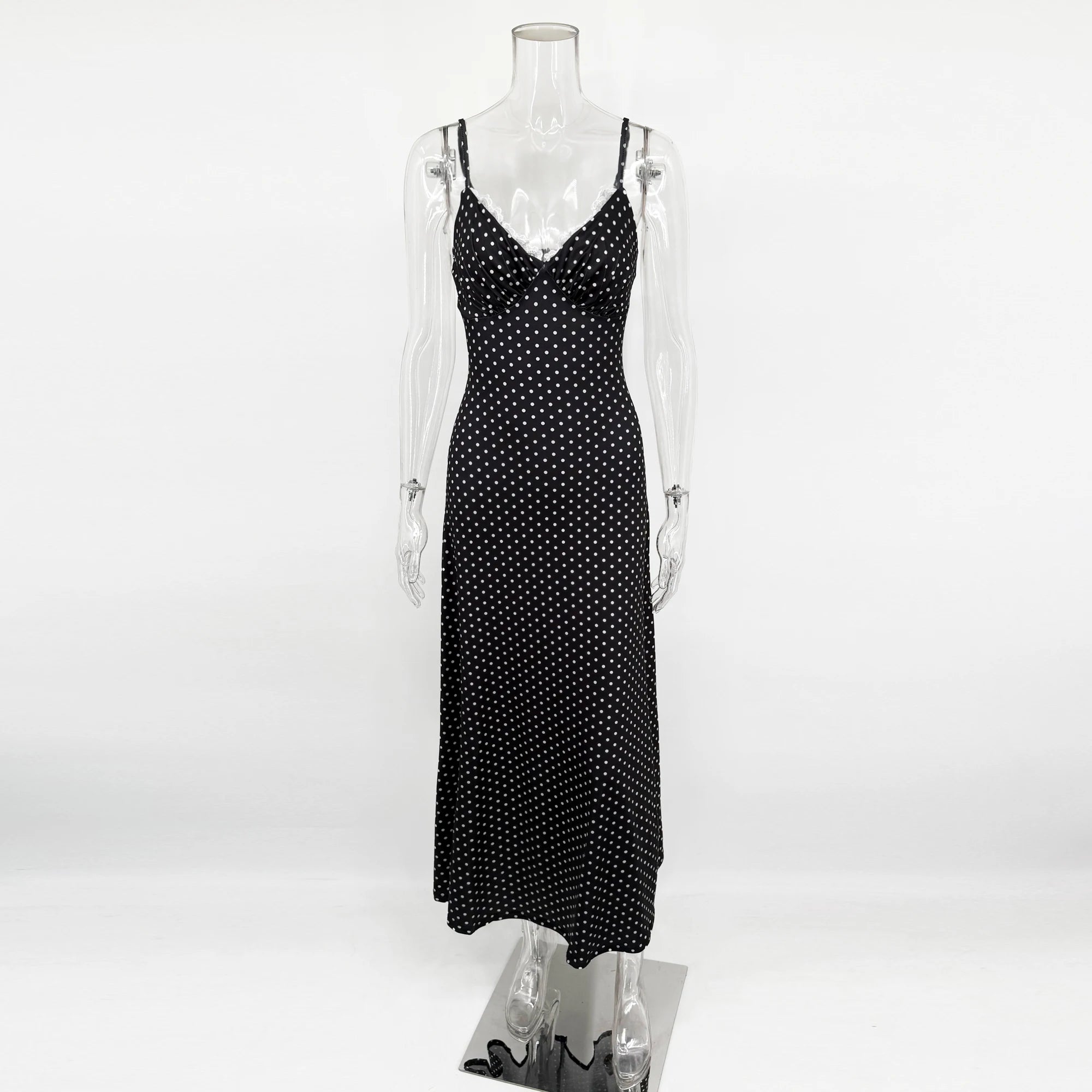 Glorol - Polka Dot Deep V Neck Lace Slim Maxi Dress