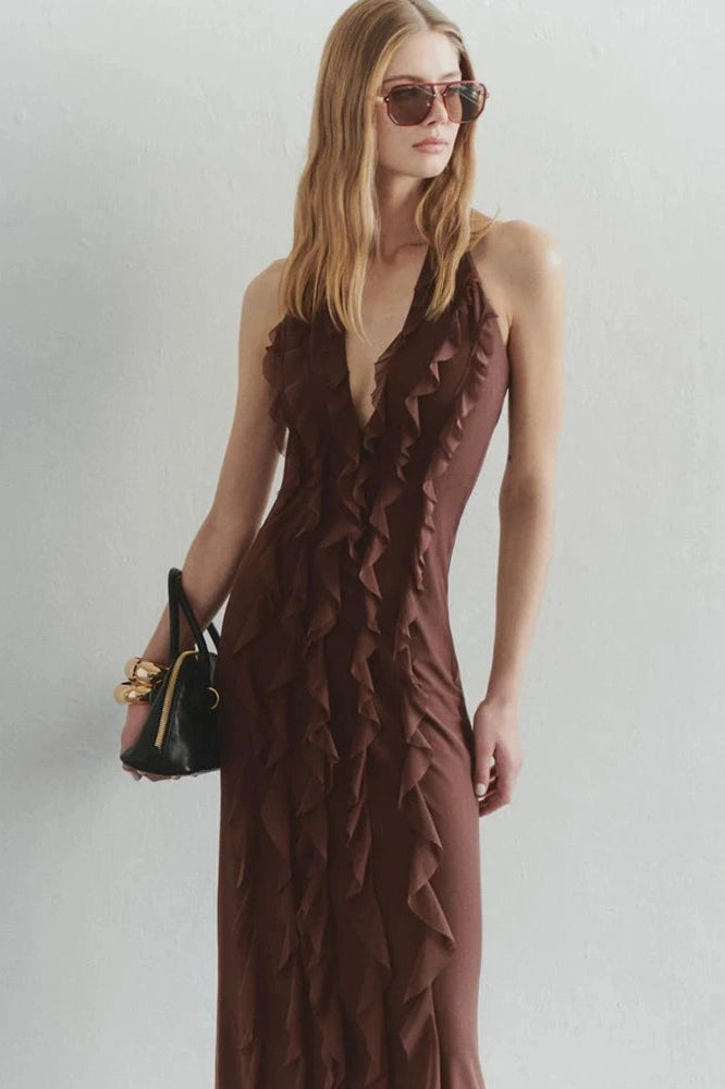 Glorol - Off-Shoulder V Neck Sleeveless Backless Bodycon Maxi Dress