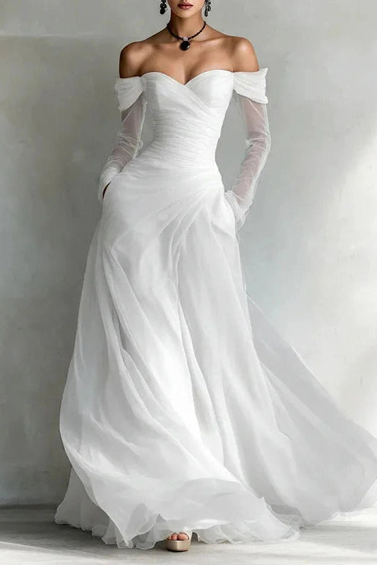 Glorol - Off Shoulder High Waist Pleated Long Sleeve Slim Maxi Dress