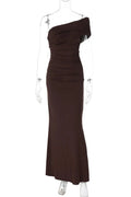 Glorol - Oblique Shoulder Split Sleeveless Slim Fit Maxi Dress